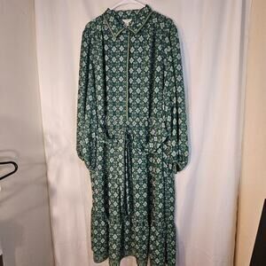 Max Studio Woman Dress Green Floral Print Long Sleeve Maxi 3X